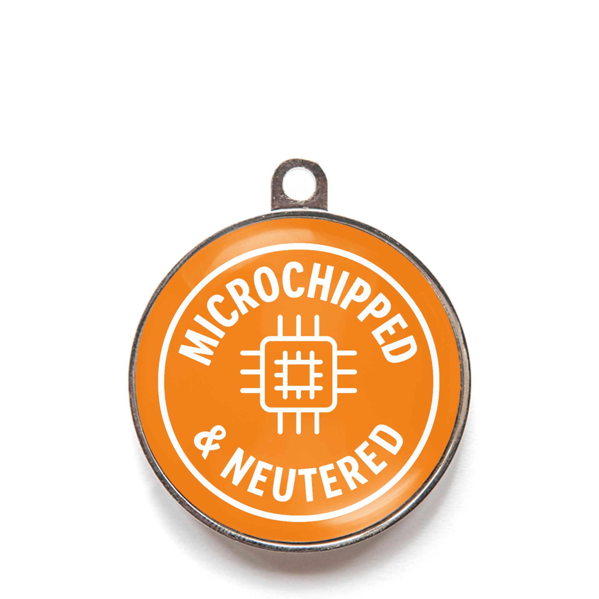 Orange microchipped and neutered dog ID tag with white chip icon