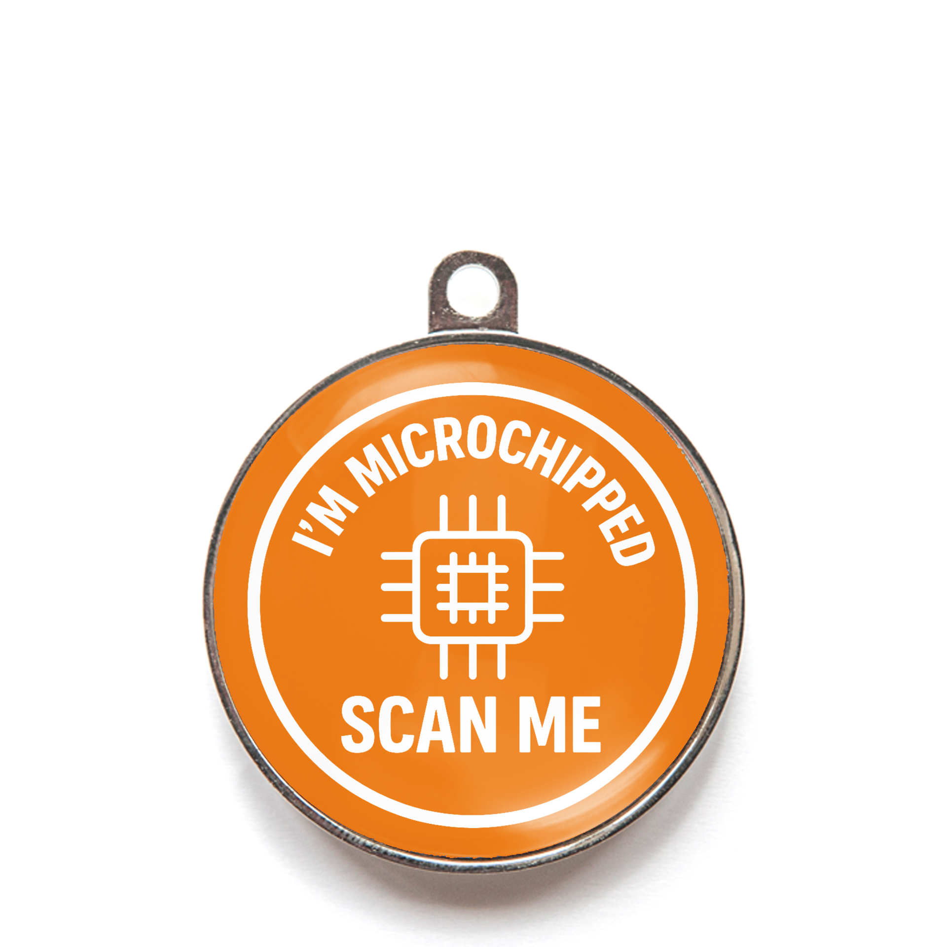 Orange I’m microchipped scan me dog ID tag with chip icon