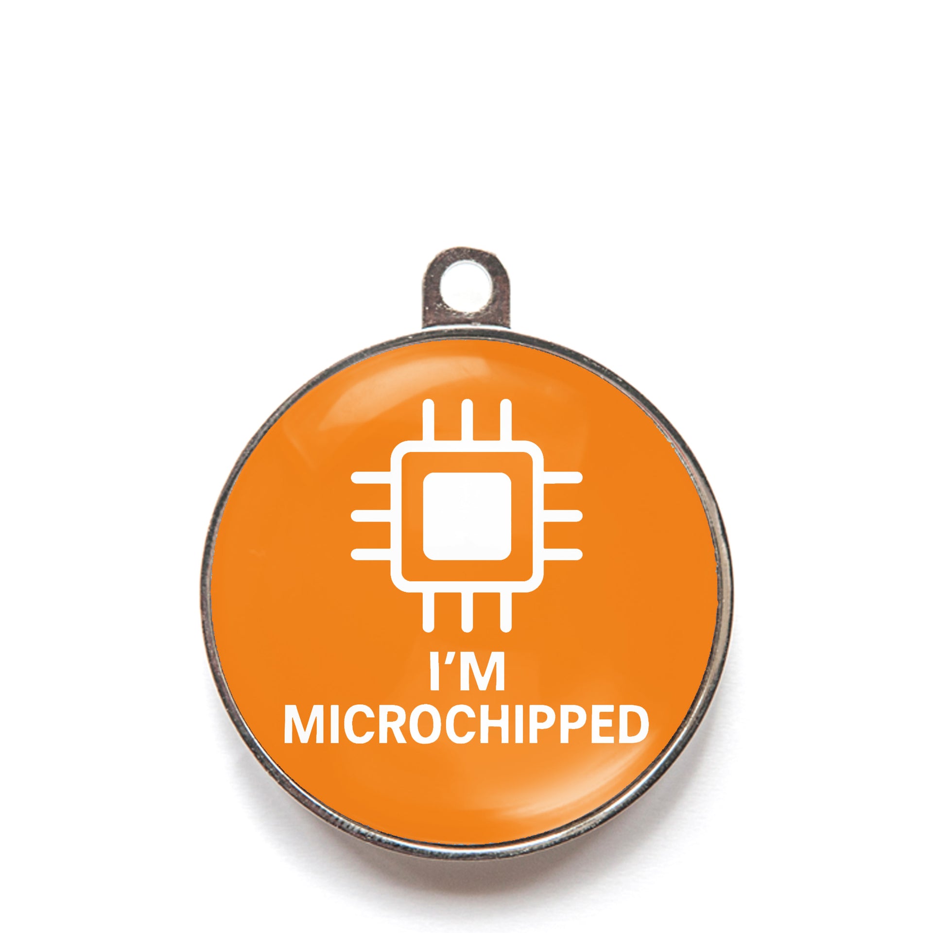 Orange I’m microchipped dog ID tag with chip icon