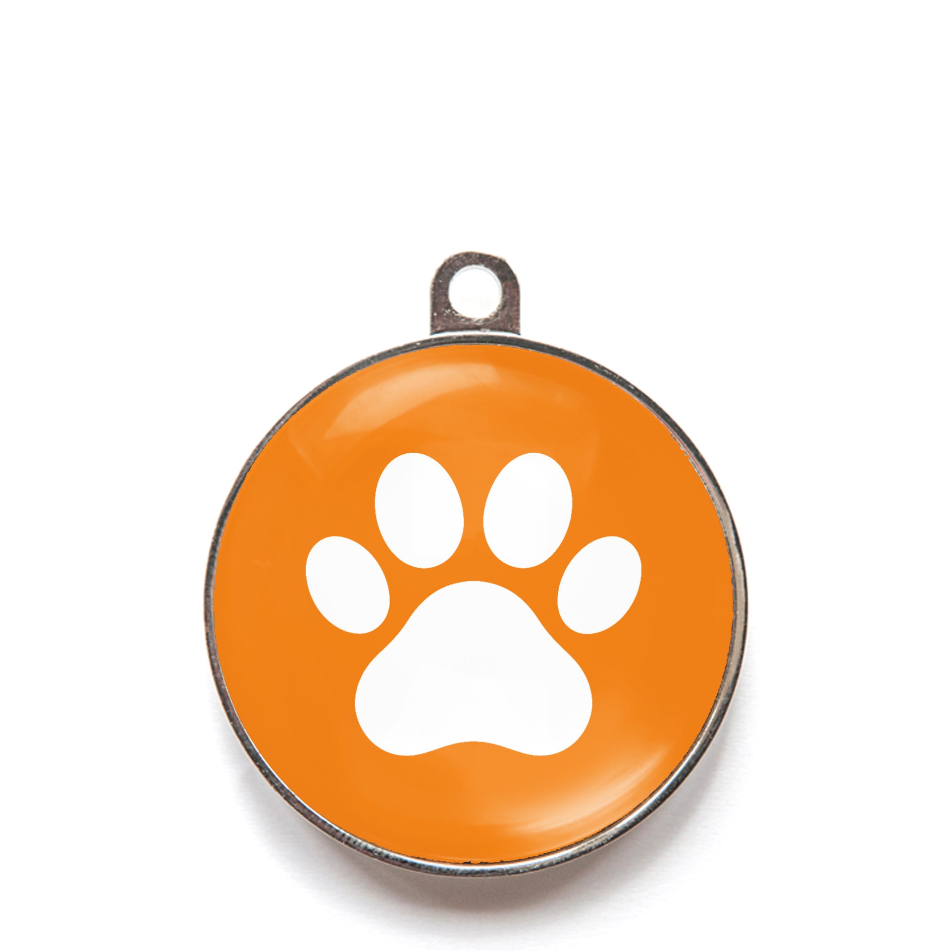 Orange paw print dog ID tag with white paw icon