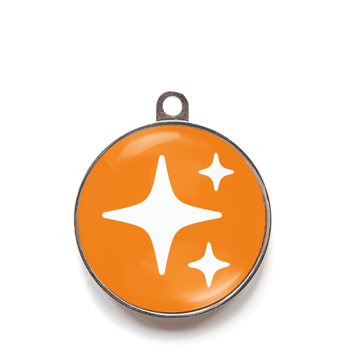 Orange sparkle dog ID tag with white sparkle icons