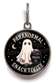 Paranormal Snacktivity Halloween dog ID tag with ghost pup and treat jar