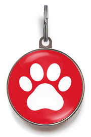 Red paw print dog ID tag with white paw icon and glossy resin finish
