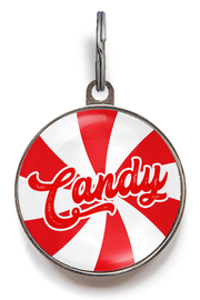 Red and White Peppermint Swirl Candy Dog Tag. Featuring your pet's name.