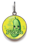Pickle Dog Tag - Cute dill pickle on a colourful background featuring your pet's name, suitable for cats and dogs