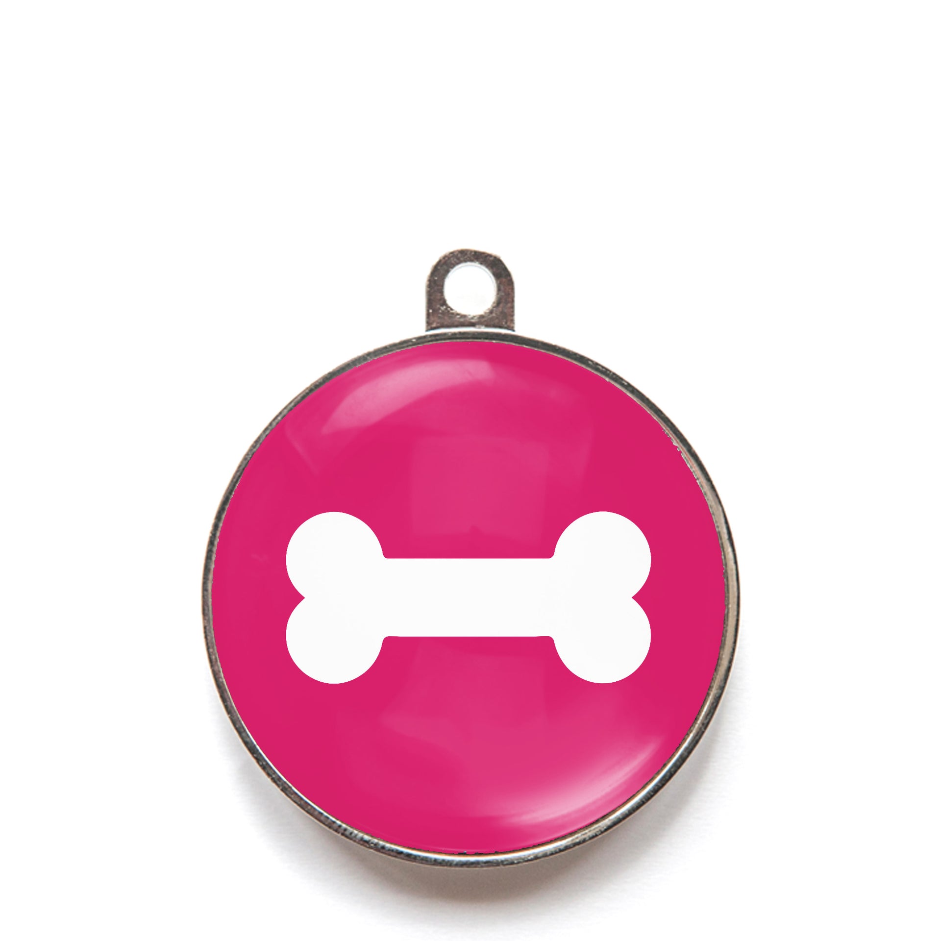 Pink classic bone dog ID tag with white bone icon
