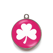 Pink classic clover dog ID tag with white shamrock icon