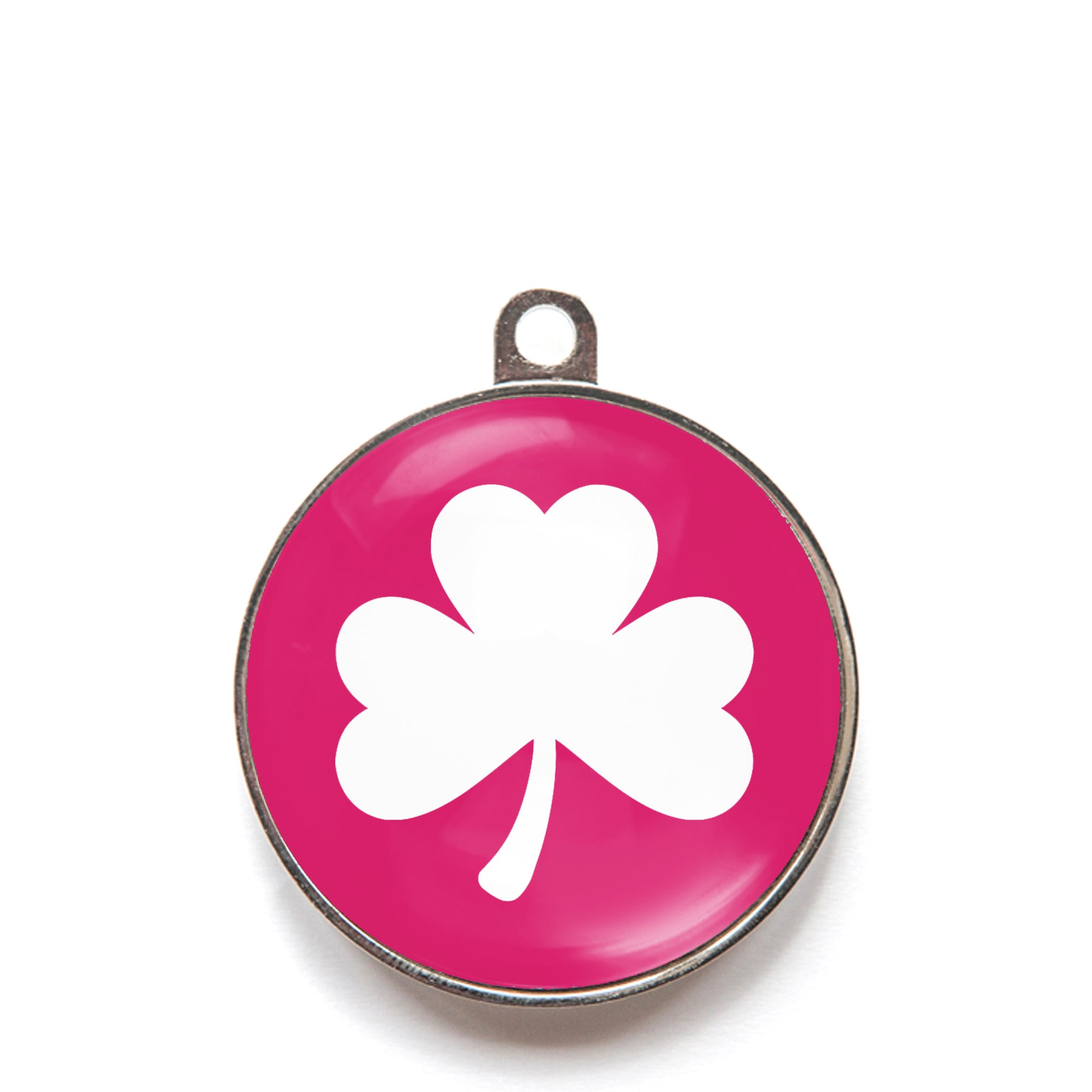 Pink classic clover dog ID tag with white shamrock icon