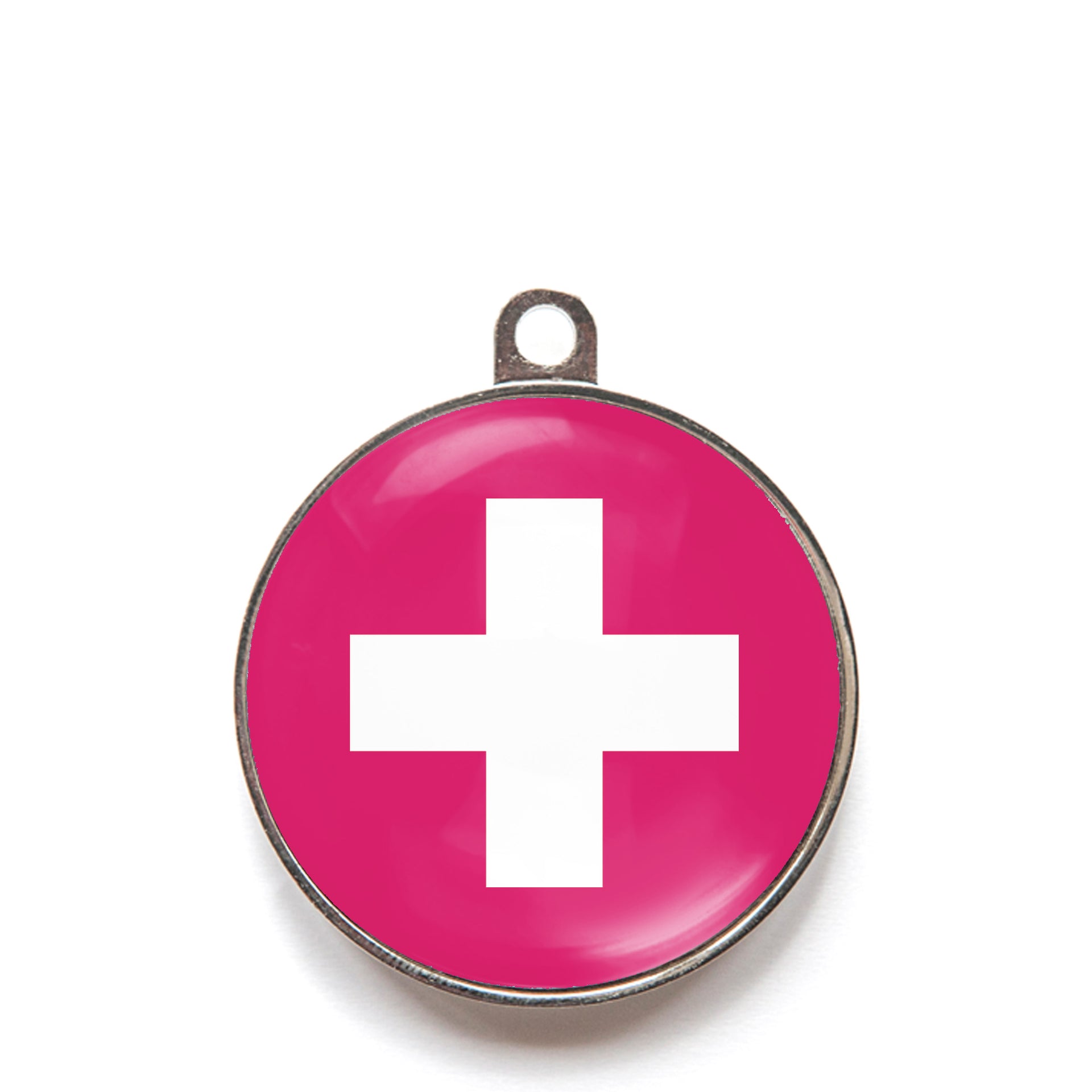 Pink classic cross dog ID tag with white medical-style cross icon