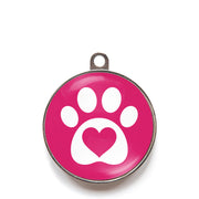 Pink heart paw dog ID tag with white paw print and heart icon
