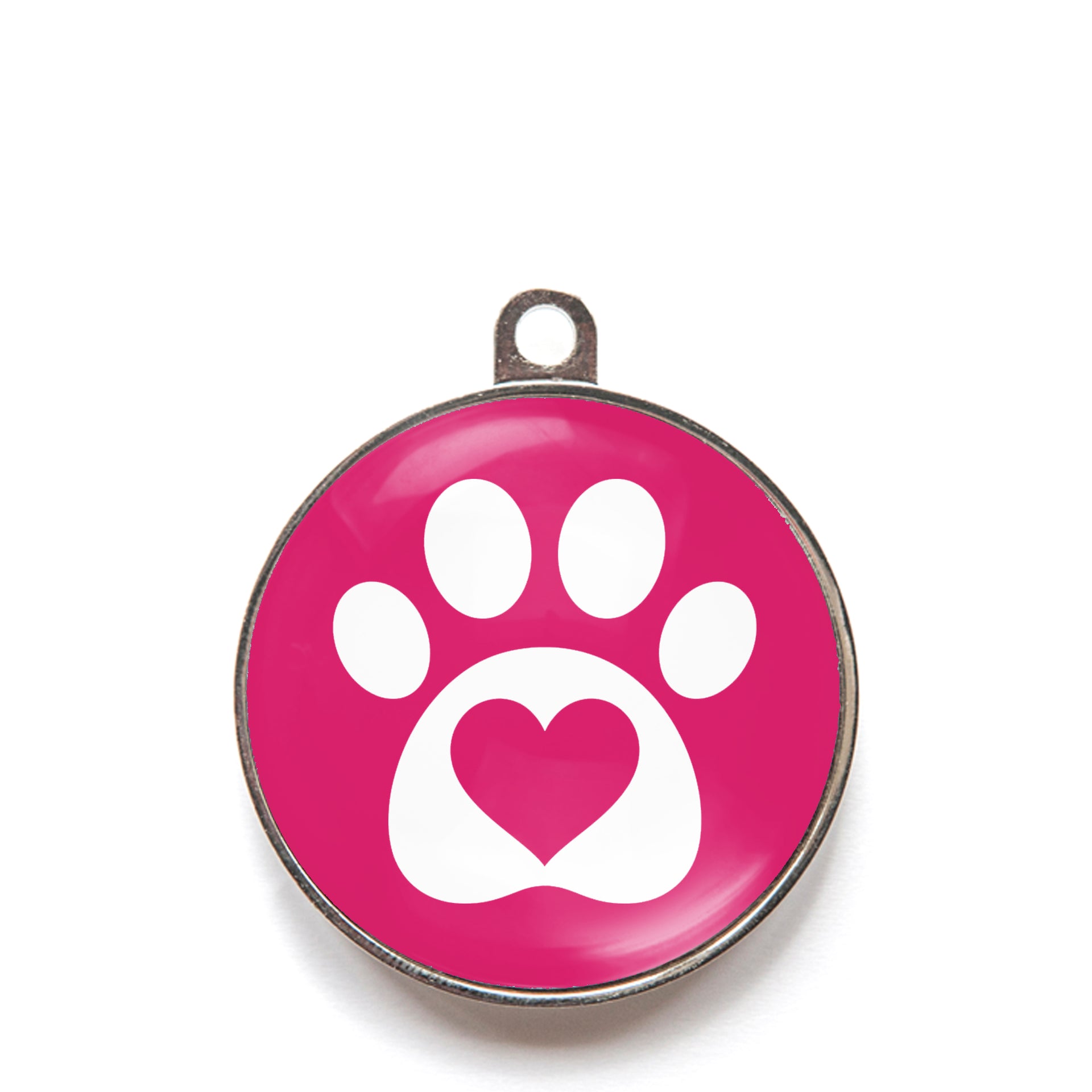 Pink heart paw dog ID tag with white paw print and heart icon