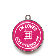 Pink “I’m Loved – Scan My Microchip” personalised pet ID tag