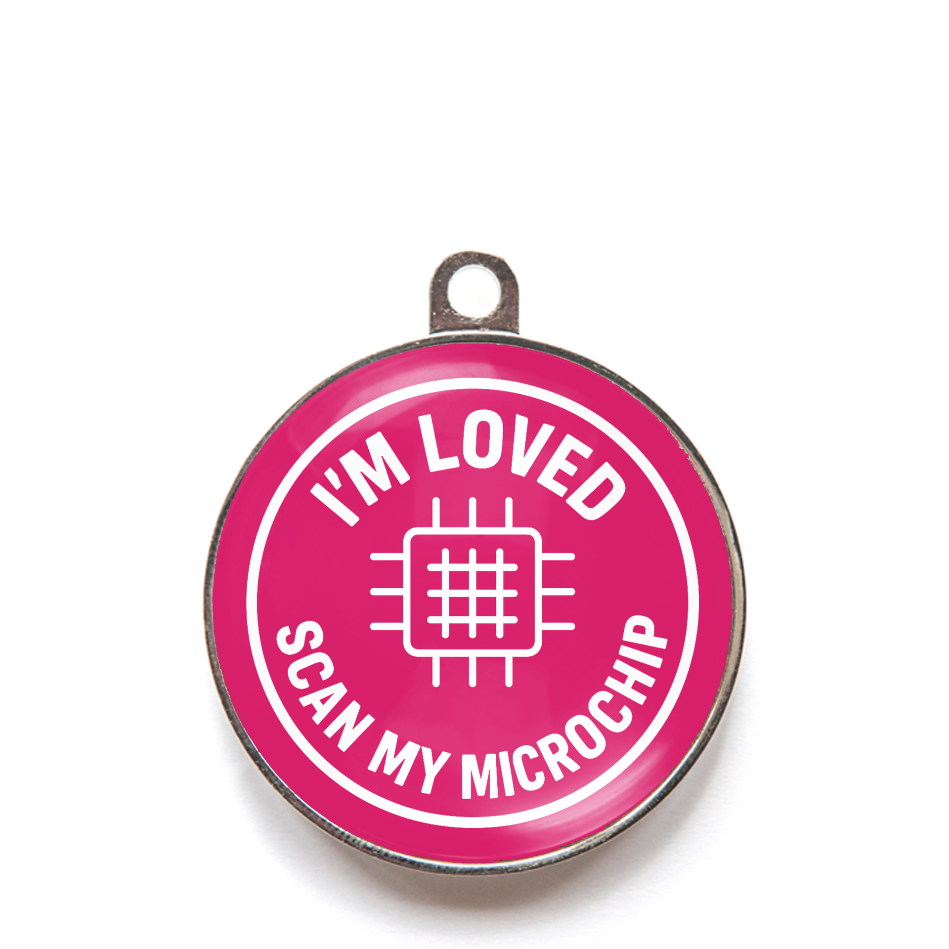 Pink “I’m Loved – Scan My Microchip” personalised pet ID tag