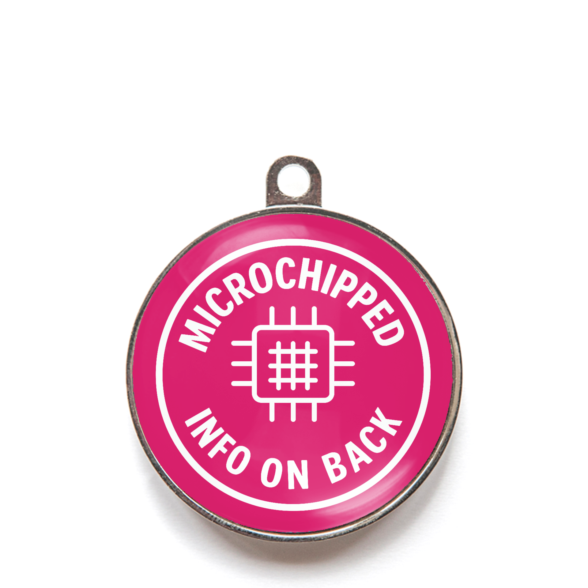 Pink microchipped info on back dog ID tag with chip icon