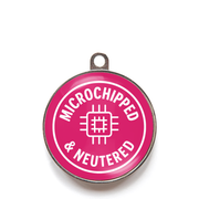 Pink microchipped and neutered dog ID tag with white chip icon