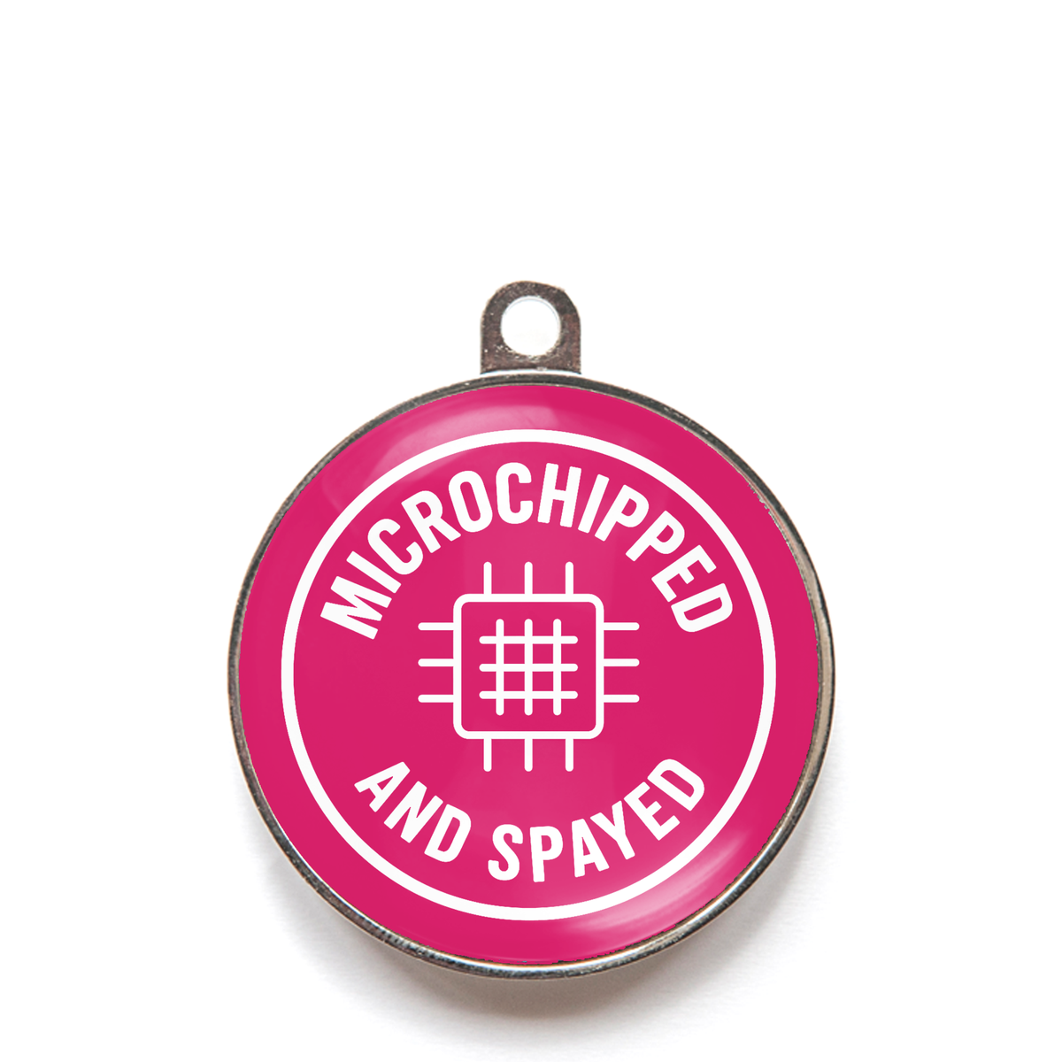 Pink microchipped and spayed pet tag