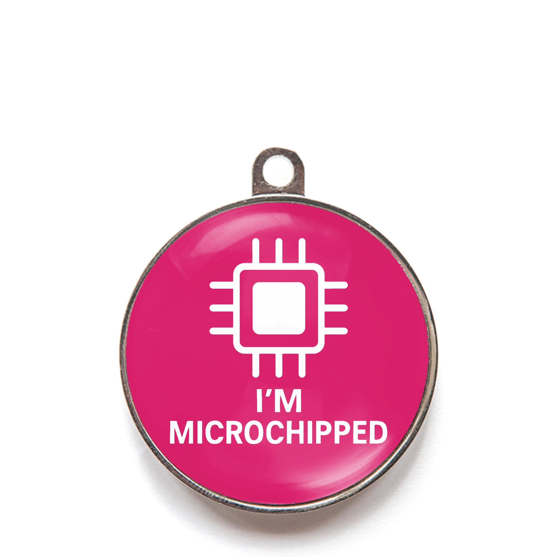 Pink I’m microchipped dog ID tag with chip icon