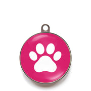 Pink paw print dog ID tag with white paw icon