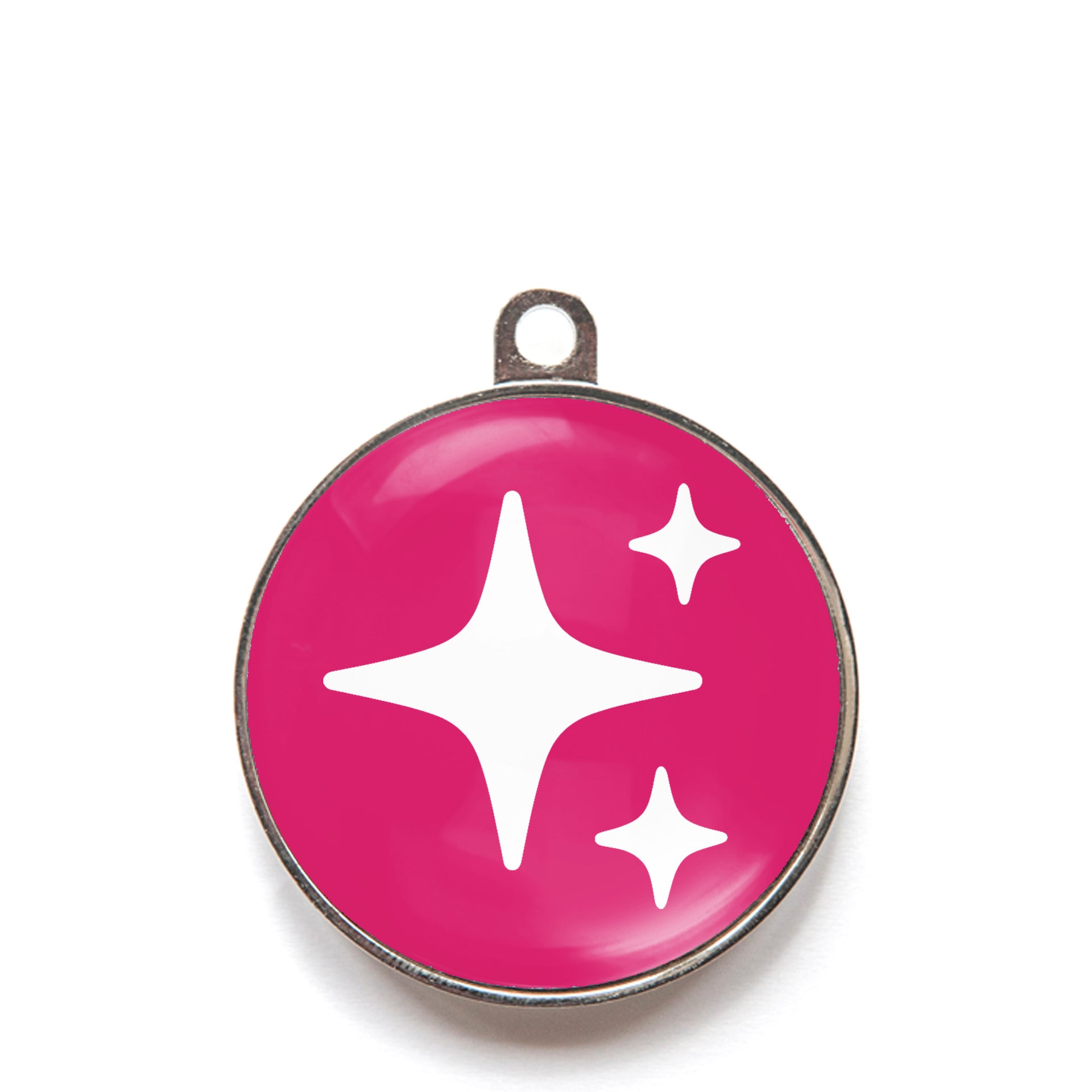 Pink sparkle dog ID tag with white sparkle icons