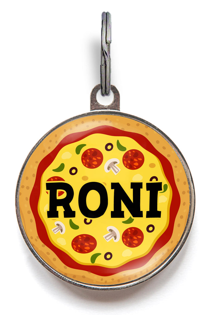 Pizza dog tag with pepperoni design and the name “Roni” on front – fun custom pet ID tag for dogs and cats, fast food-themed style