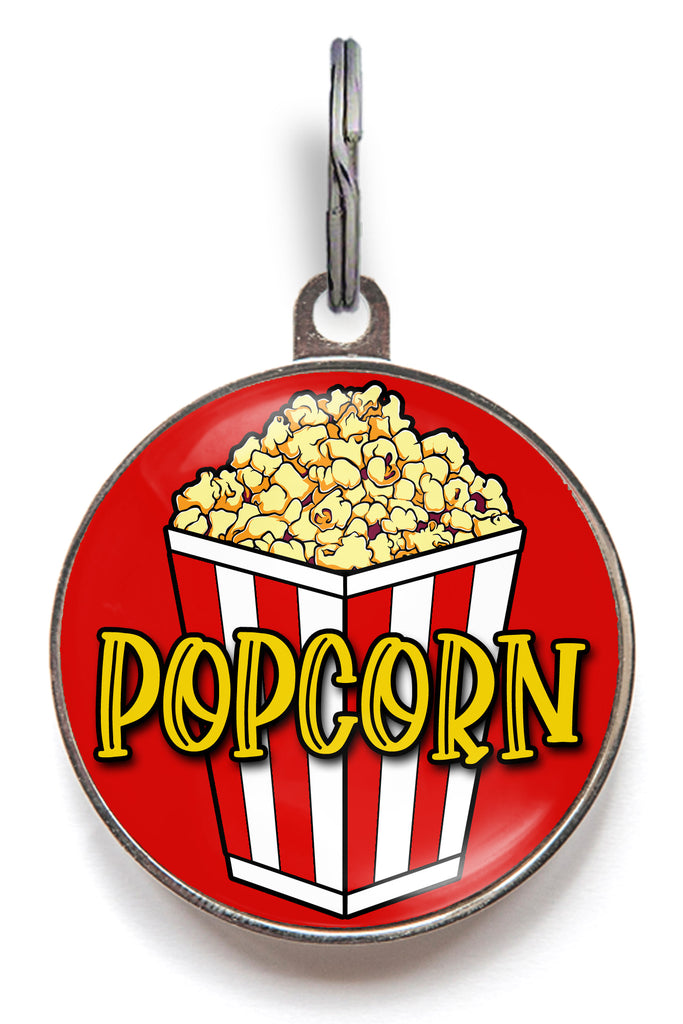 Popcorn dog tag with red and white striped design and pet name on front – custom movie-themed pet ID tag for dogs and cats