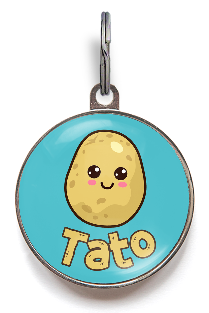 Potato Pet Tag - Kawaii potato on a blue coloured background featuring your pet's name