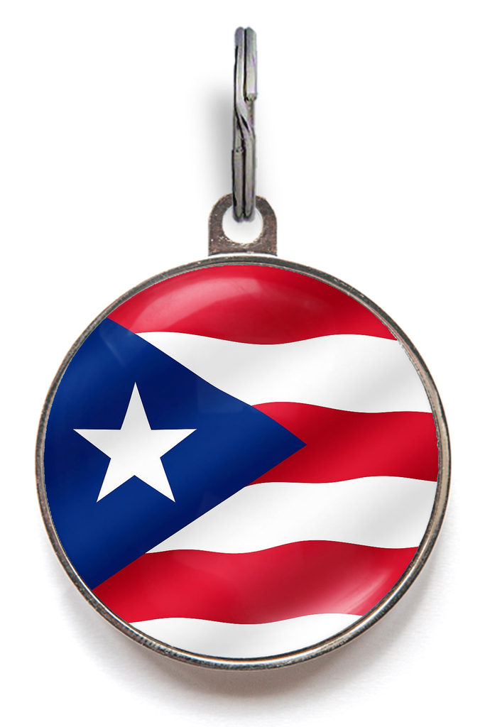 Red, white, and blue Puerto Rico flag pet tag for dogs and cats with custom back