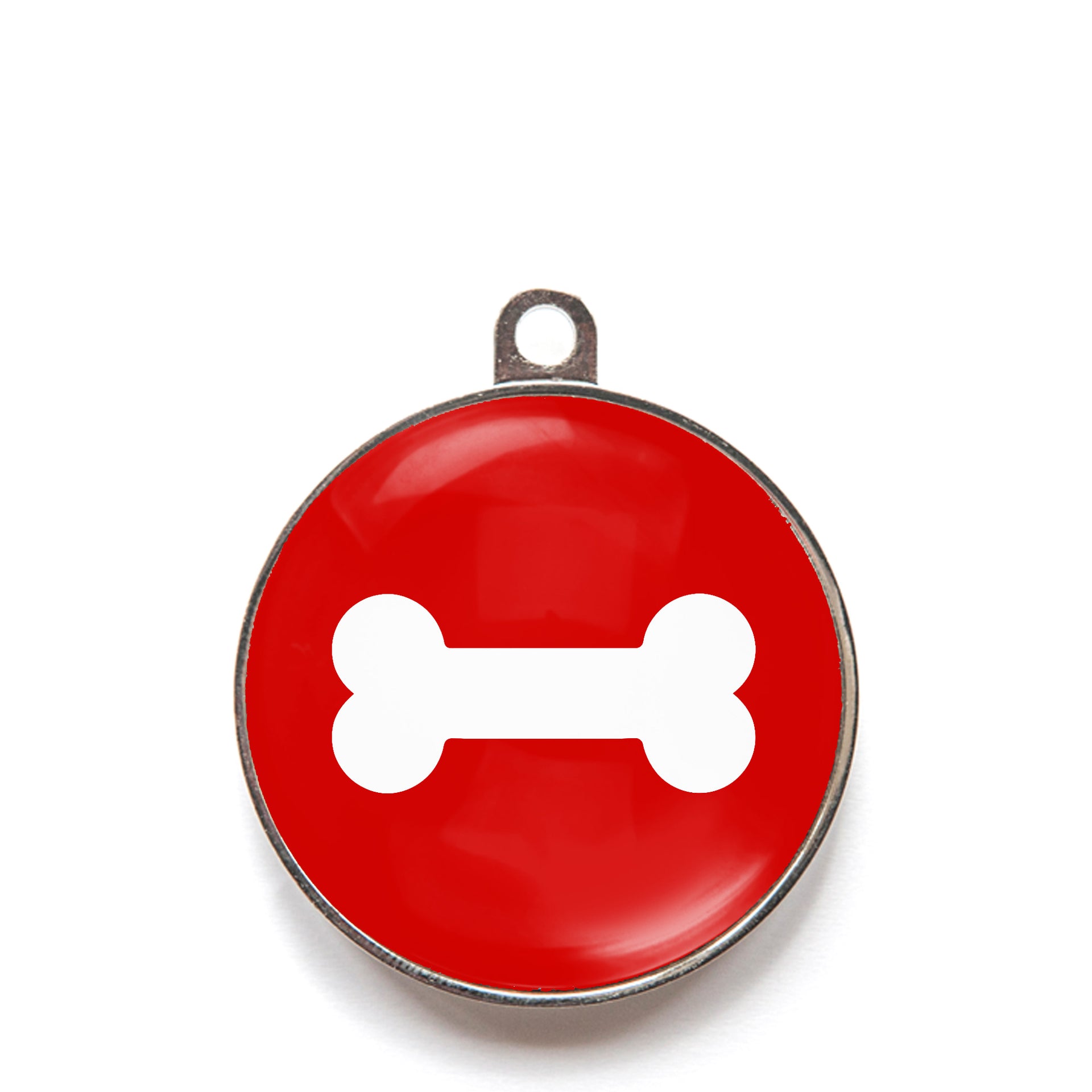 Red classic bone dog ID tag with white bone icon