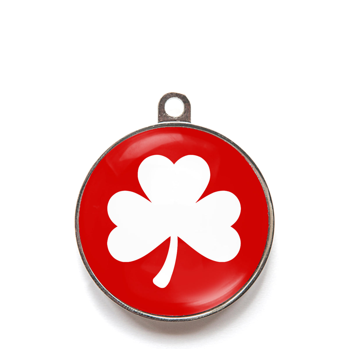 Red classic clover dog ID tag with white shamrock icon