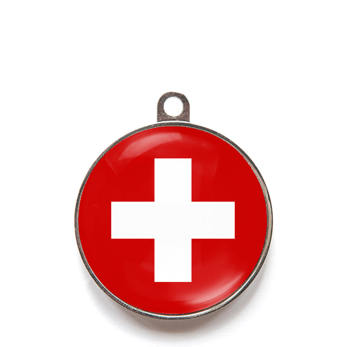Red cross dog ID tag with white medical-style cross icon