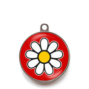 Red daisy dog ID tag with white flower icon