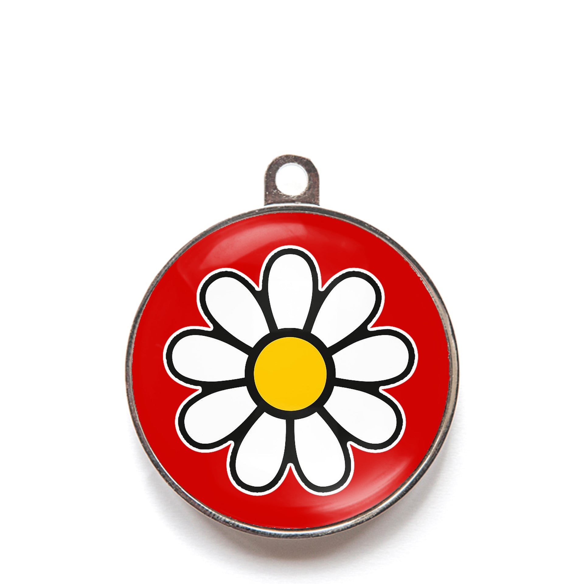 Red daisy dog ID tag with white flower icon