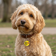 Angelic golden cockapoo wearing a red flag but cute personalised dog ID tag on a brown leather collar