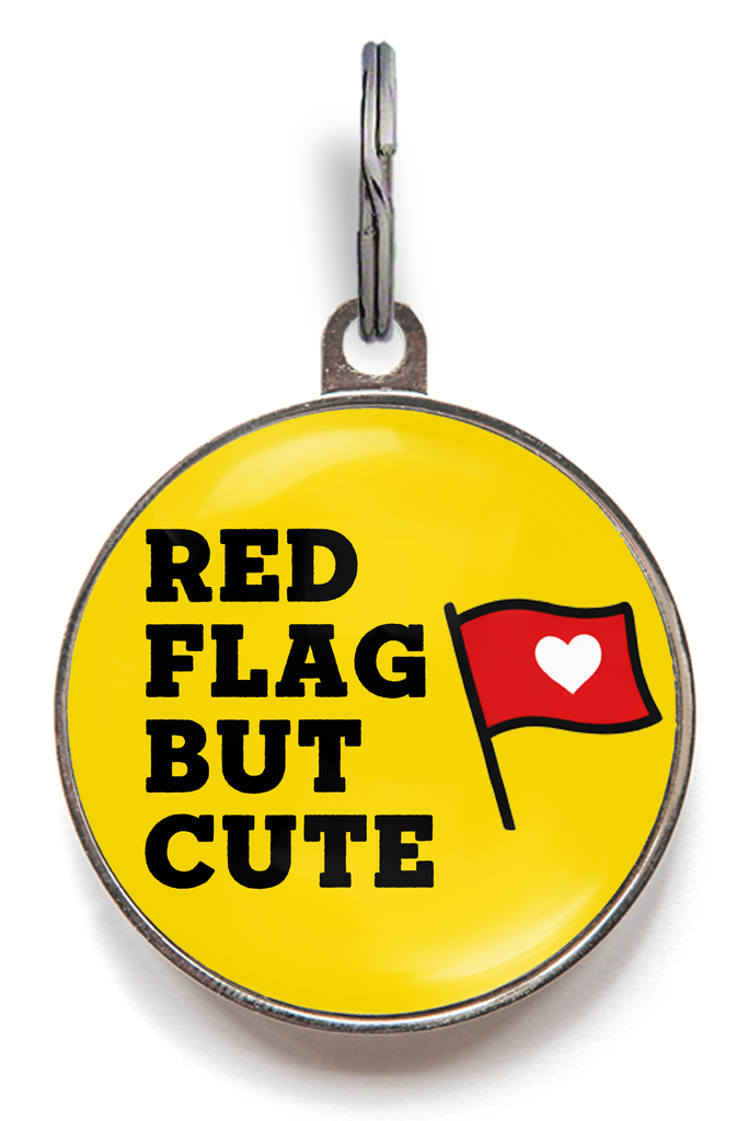 Red Flag But Cute funny personalised dog ID tag on a dog collar, round yellow pet ID tag with cheeky slogan