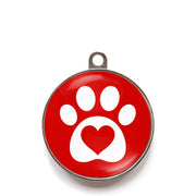 Red heart paw dog ID tag with white paw print and heart icon