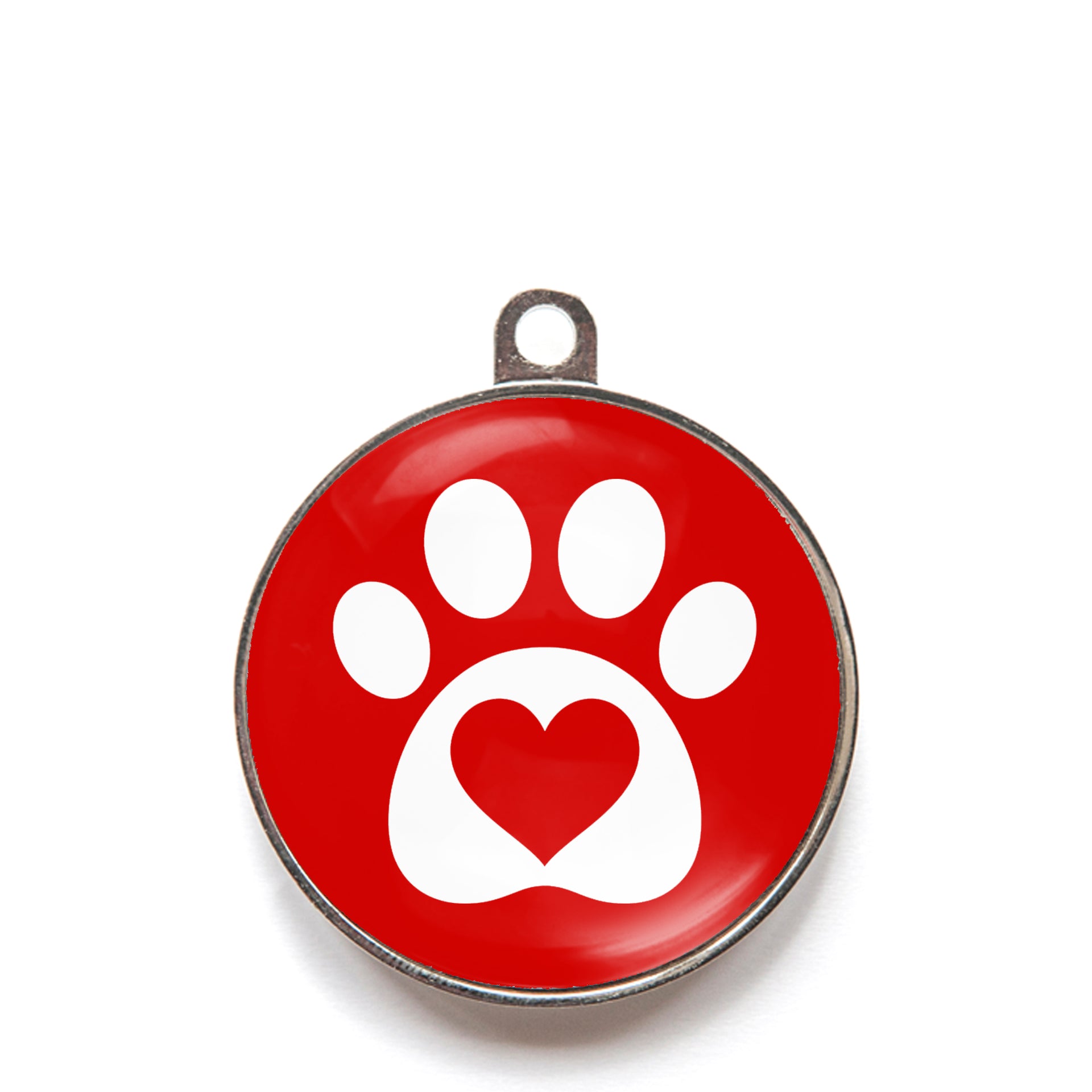 Red heart paw dog ID tag with white paw print and heart icon