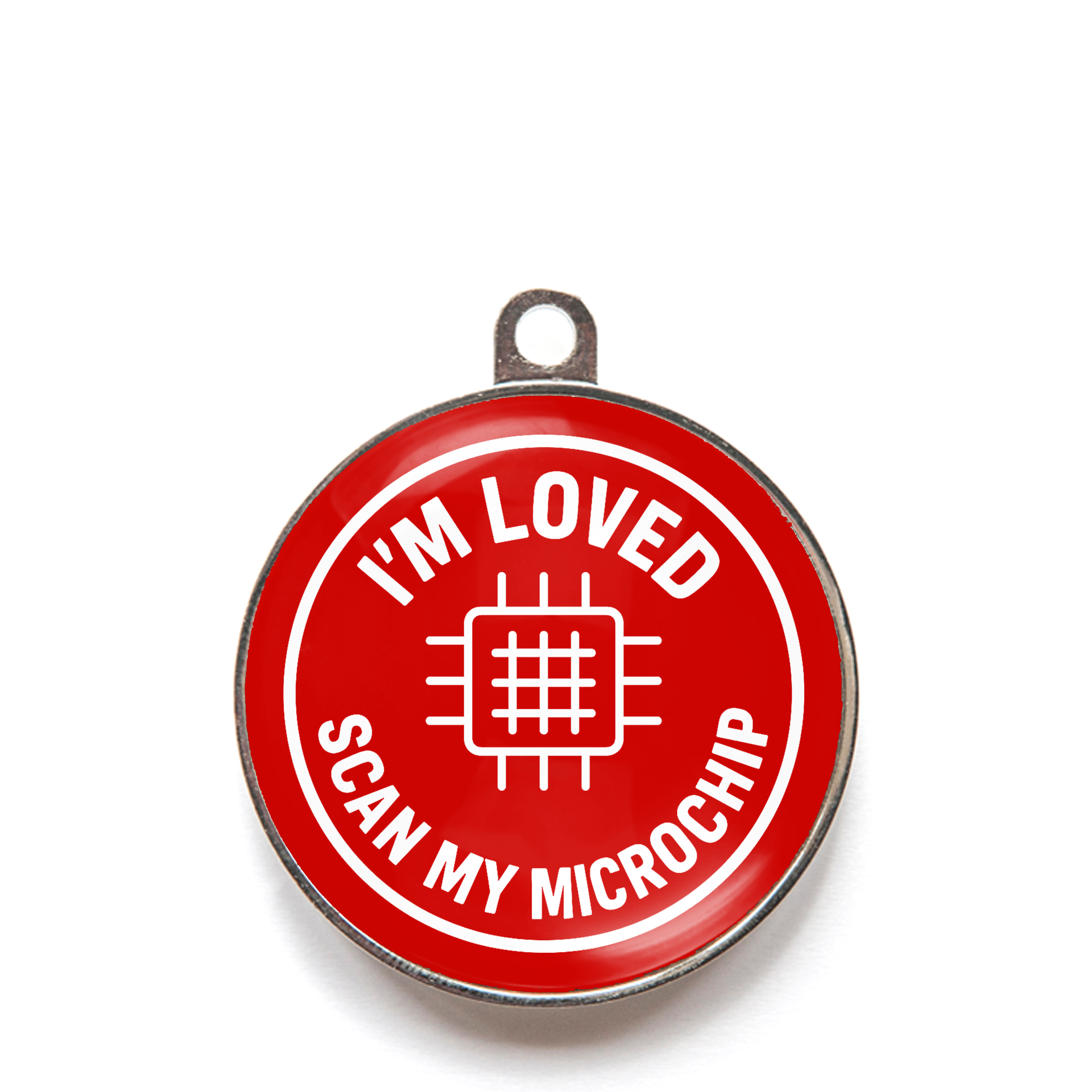 Red pet tag with 'I'm Loved, Scan My Microchip' 