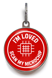 Red “I’m Loved – Scan My Microchip” personalised pet ID tag