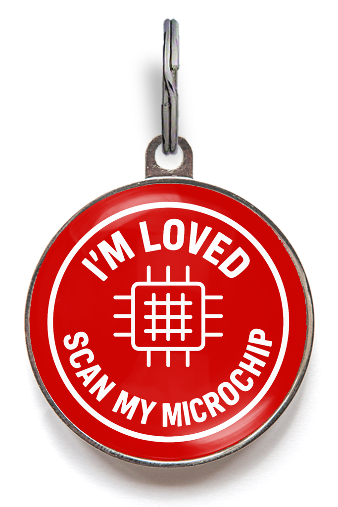 Red “I’m Loved – Scan My Microchip” personalised pet ID tag
