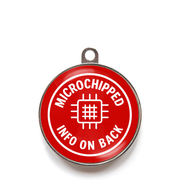 Red microchipped info on back dog ID tag with chip icon