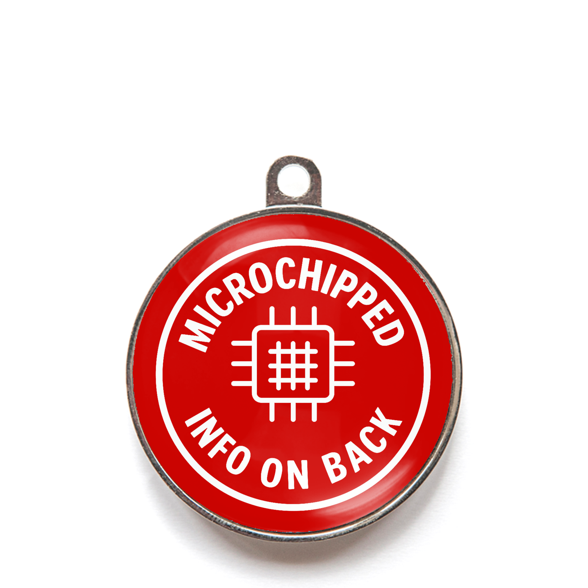 Red microchipped info on back dog ID tag with chip icon