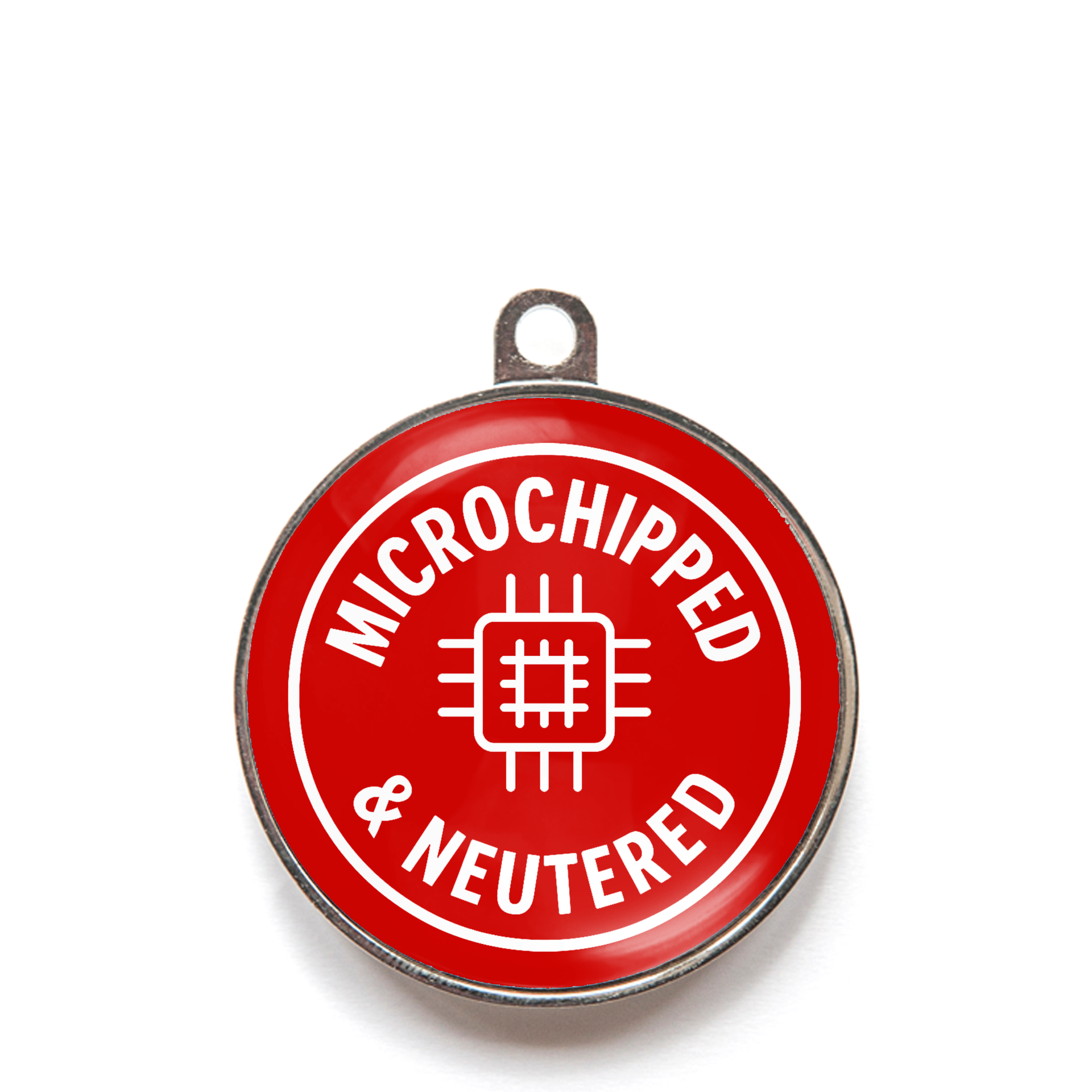 Red pet tag with 'Microchipped & Neutered' text 