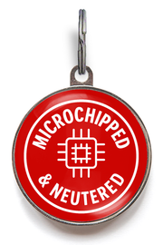 Red microchipped and neutered dog ID tag with white chip icon