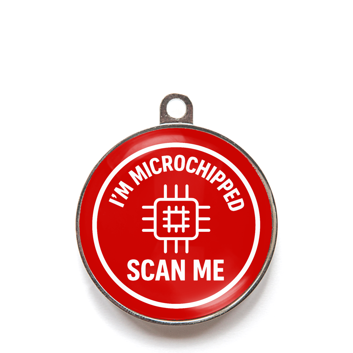 Red I’m microchipped scan me dog ID tag with chip icon