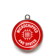 Red microchipped and spayed dog ID tag with chip icon