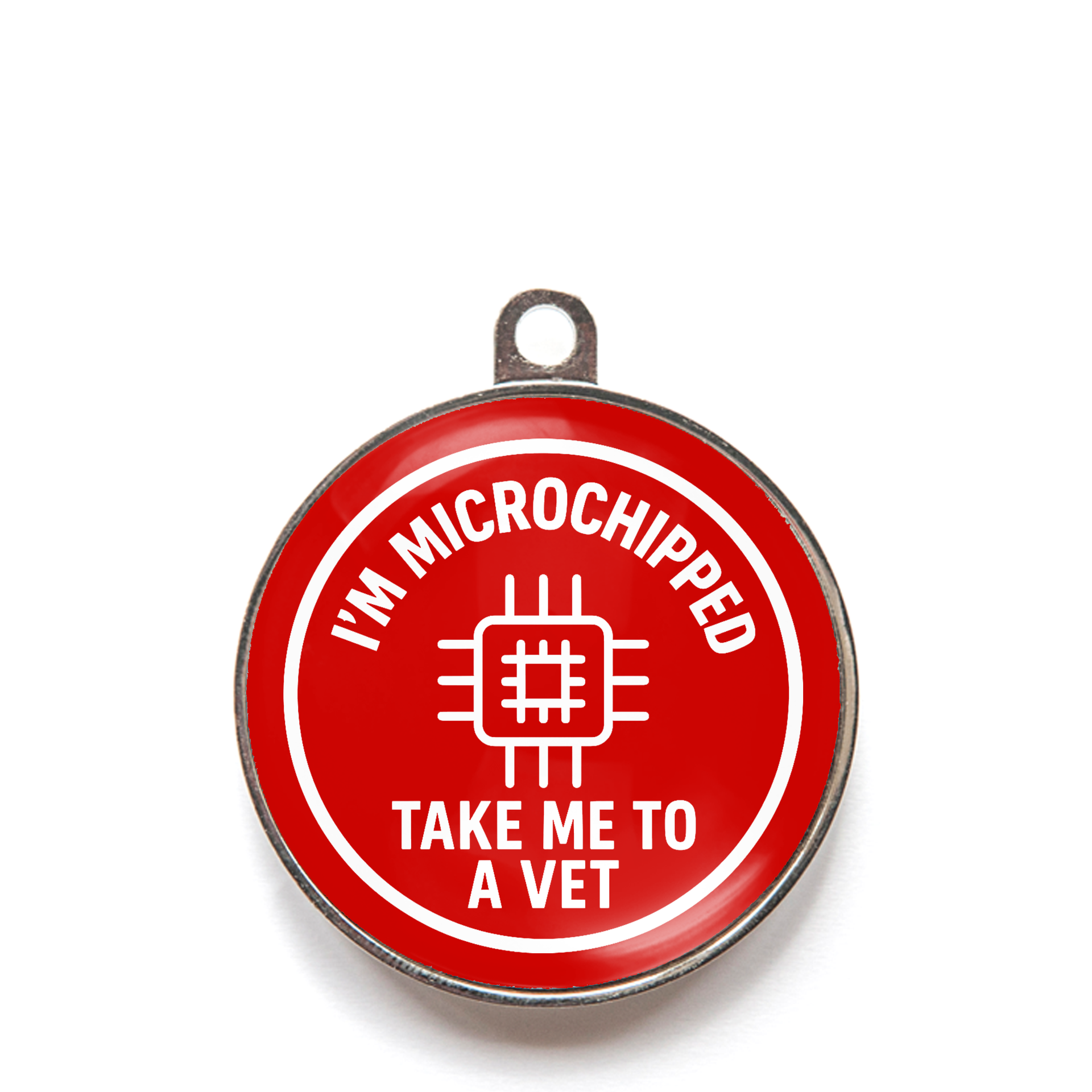 Red microchipped take me to a vet dog ID tag