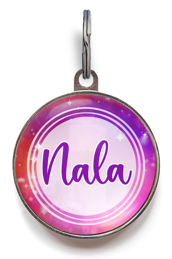 Red and purple galaxy pet tag with custom name “Nala” on front – galactic dog or cat ID tag with personalised back