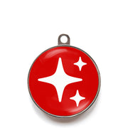 Red sparkle dog ID tag with white sparkle icons