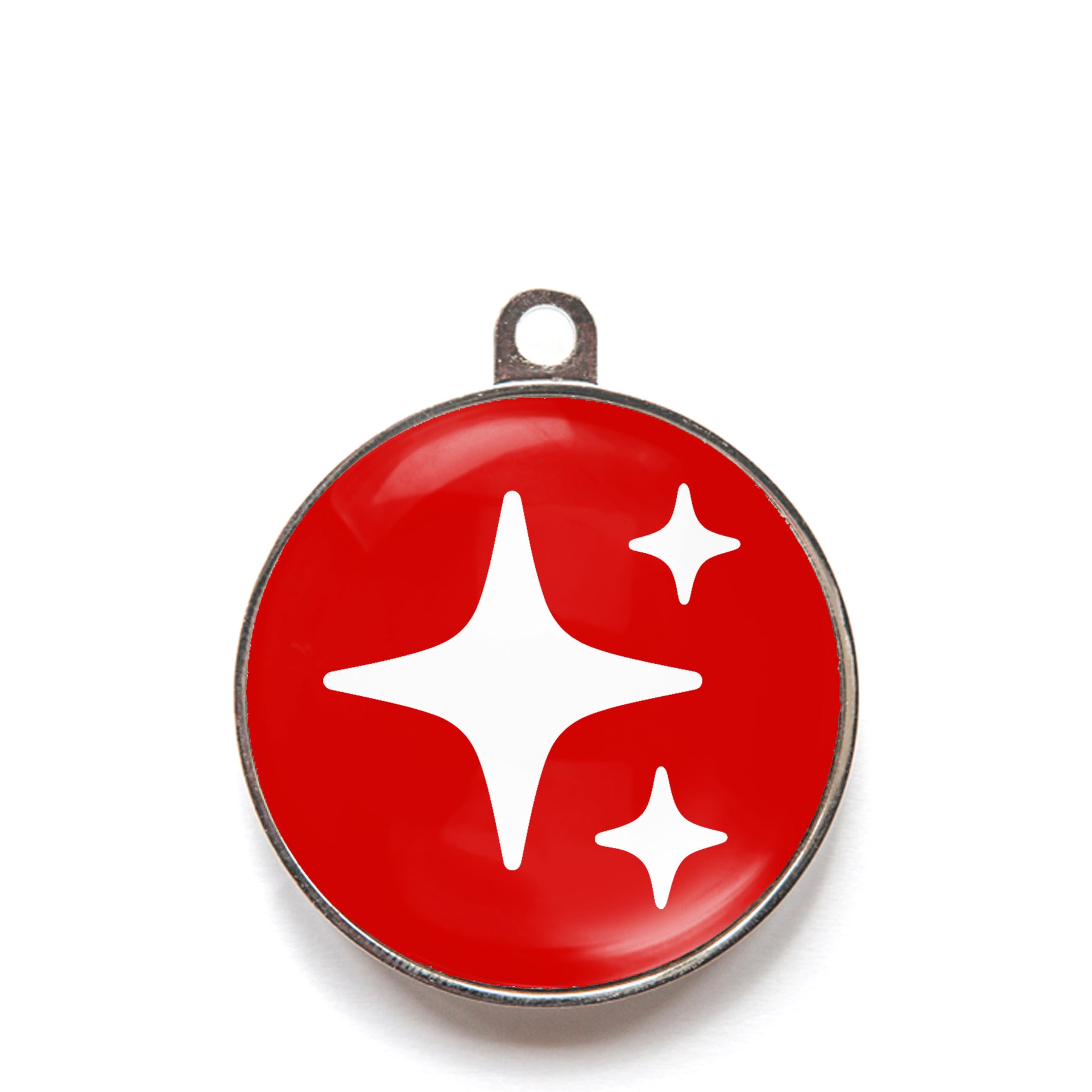 Red sparkle dog ID tag with white sparkle icons