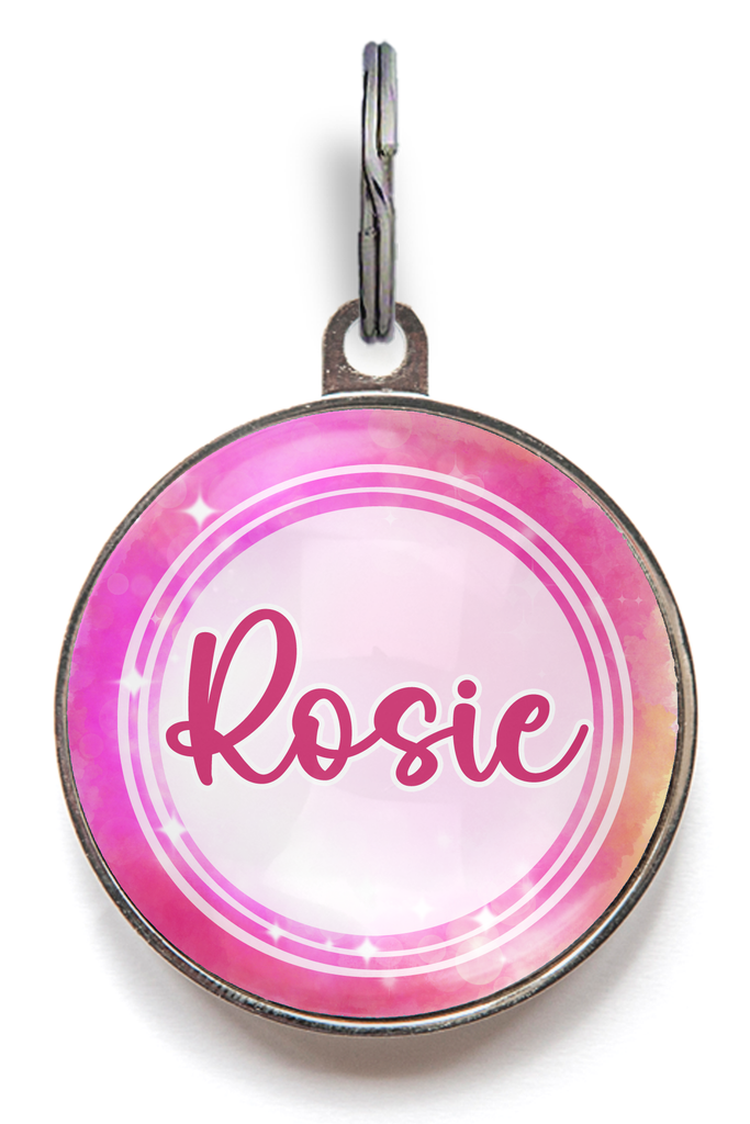 Rosy pink galaxy pet tag with custom name “Rosie” – girl dog or cat ID tag with cosmic design and personalisable back